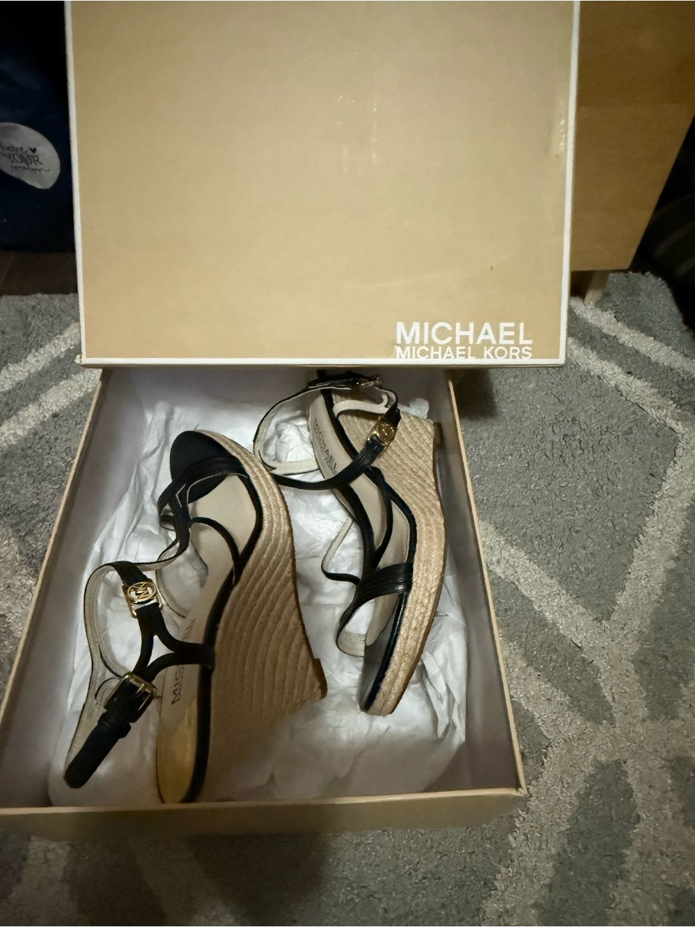 Michael Kors Black Leather Espadrille Wedge Sandals